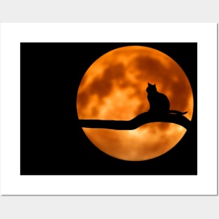 orange moon with cat Posters and Art